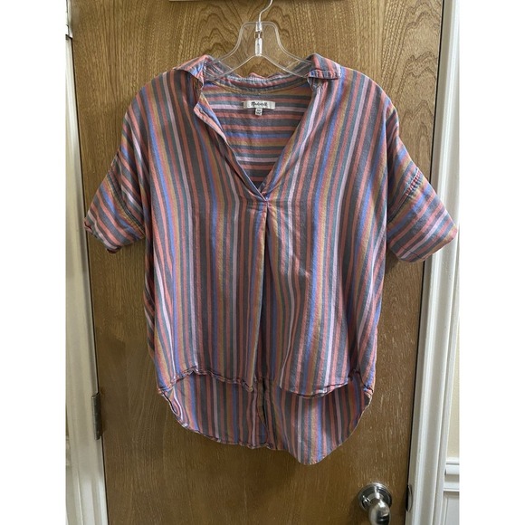 Madewell Courier Button-Back Shirt in Rainbow Stripe V-neck Cotton Oversized XXS - Picture 2 of 12